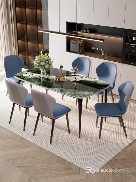 Modern Kitchen Dining Table Set with Green Marble Tabletop Blue Gray Chairs and Vase Decorations 3d model 