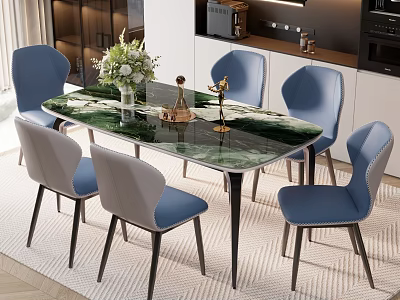 Modern Kitchen Dining Table Set with Green Marble Tabletop Blue Gray Chairs and Vase Decorations 3d model
