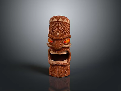 Traditional Wooden Tiki Mask With Intricate Carved Patterns And Red Glowing Eyes 3d model