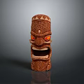 Traditional Wooden Tiki Mask With Intricate Carved Patterns And Red Glowing Eyes