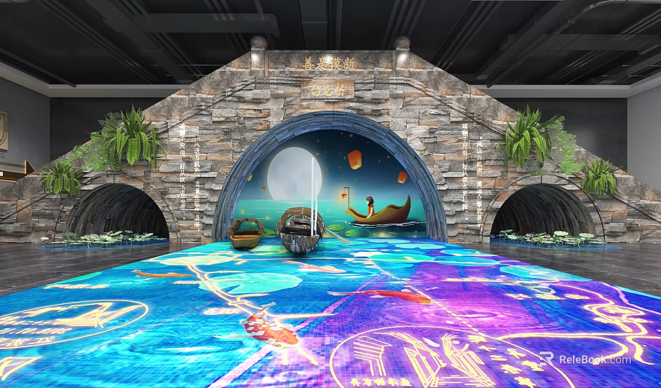 Decorative Stone Arch Space With Projected Colorful Floor Patterns Lanterns Small Boat And Plants 3d model 