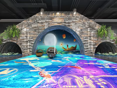 Decorative Stone Arch Space With Projected Colorful Floor Patterns Lanterns Small Boat And Plants 3d model