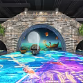 Decorative Stone Arch Space With Projected Colorful Floor Patterns Lanterns Small Boat And Plants