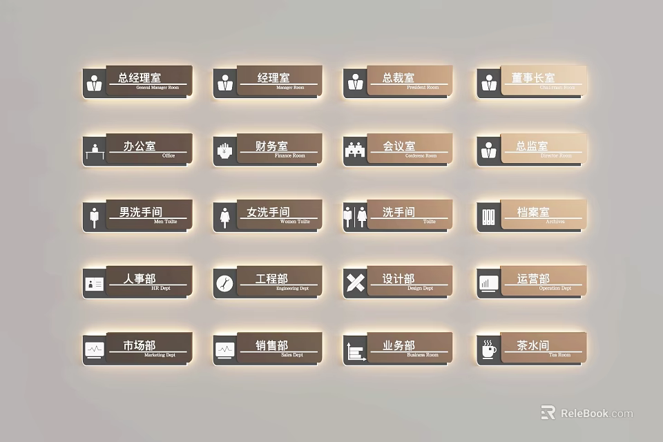 Wall With Multiple Functional Area Signage And Chinese Character Labels 3d model