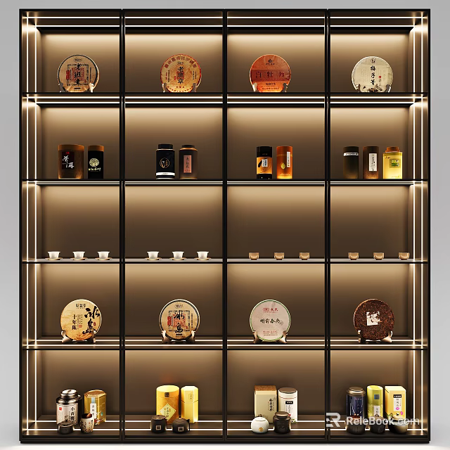 Elegant Tea Sets Display On Layered Shelves With Tea Cakes Jars And Lighting 3d model 