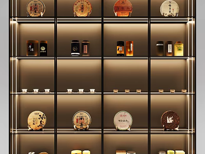 Elegant Tea Sets Display On Layered Shelves With Tea Cakes Jars And Lighting 3d model