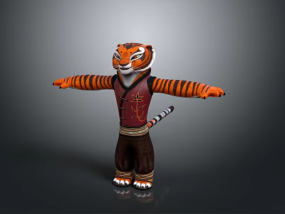 Striped Tiger Game and Movie Character Wearing Red Vest and Black Pants With Arms Outstretched 3d model