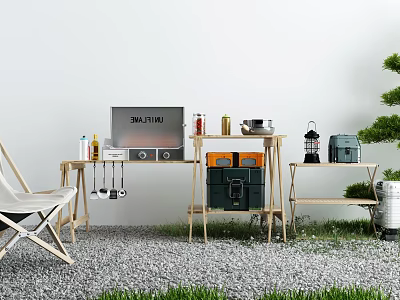 Outdoor Camping Setup With BBQ Grill Wooden Shelves Folding Chair And Lantern 3d model