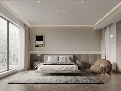 Modern Bedroom Interior With Large Bed Area Rug And Floor To Ceiling Windows 3d model