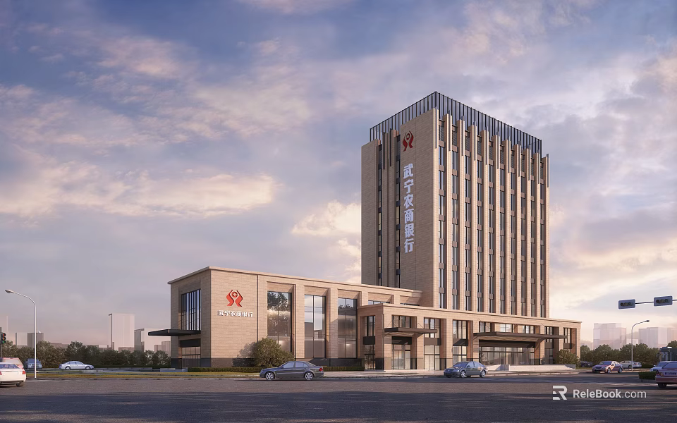 Modern Office Building Architecture Featuring High Rise And Low Rise Exterior Glass Facade Design 3d model 