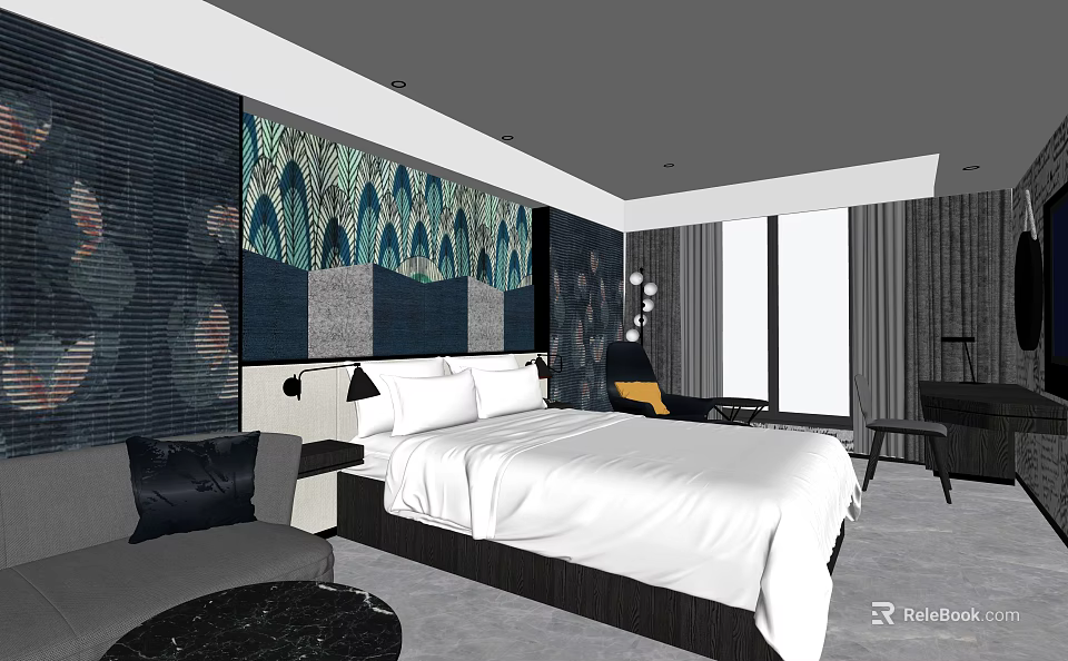 Hotel Guest Room With White Bedspread Decorative Wall Art Modern Sofa And Large Window 3d model 
