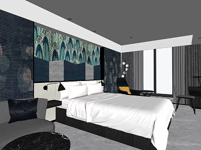 Hotel Guest Room With White Bedspread Decorative Wall Art Modern Sofa And Large Window 3d model