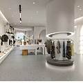 Modern Clothing Store Interior Design With White Curved Structures Clothing Racks And Hanging Apparel