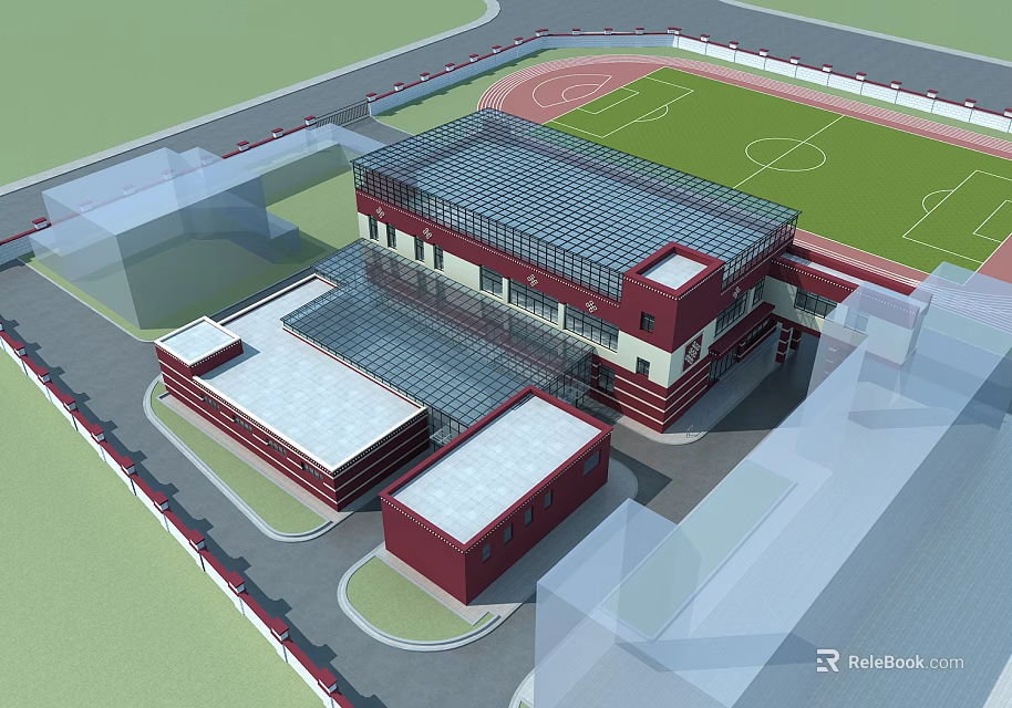 Commercial Complex With Red And White Exterior Glass Roof And Sports Field Area 3d model 