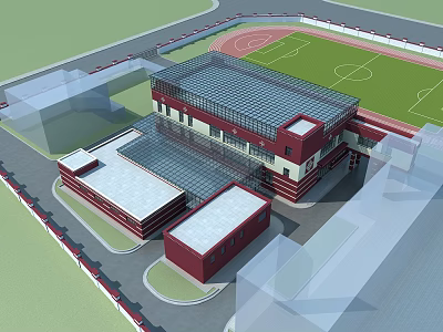 Commercial Complex With Red And White Exterior Glass Roof And Sports Field Area 3d model