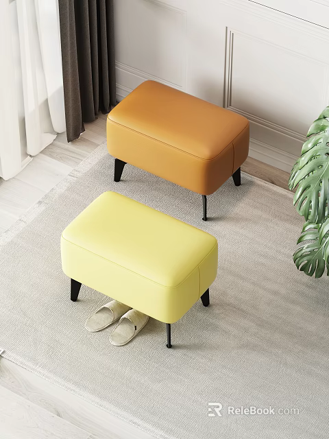 Orange And Yellow Ottoman Stools With Black Legs On Carpet Near Slippers And Green Plant 3d model 