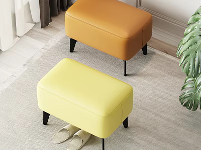 Orange And Yellow Ottoman Stools With Black Legs On Carpet Near Slippers And Green Plant 3d model