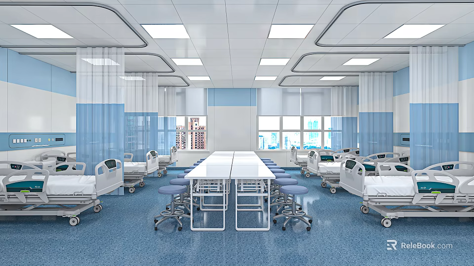 Hospital Outpatient Clinic Interior With Medical Beds Tables Chairs Windows And Blue Lighting 3d model 
