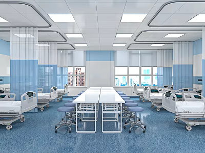 Hospital Outpatient Clinic Interior With Medical Beds Tables Chairs Windows And Blue Lighting 3d model