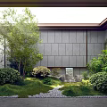 Japanese Zen Courtyard Garden With Lush Green Plants Stone Path Rockery Gray Wall And Skylight
