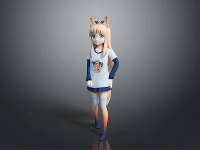 Anime Style Game Character With Cat Ears Blonde Hair White Top And Blue Skirt 3d model