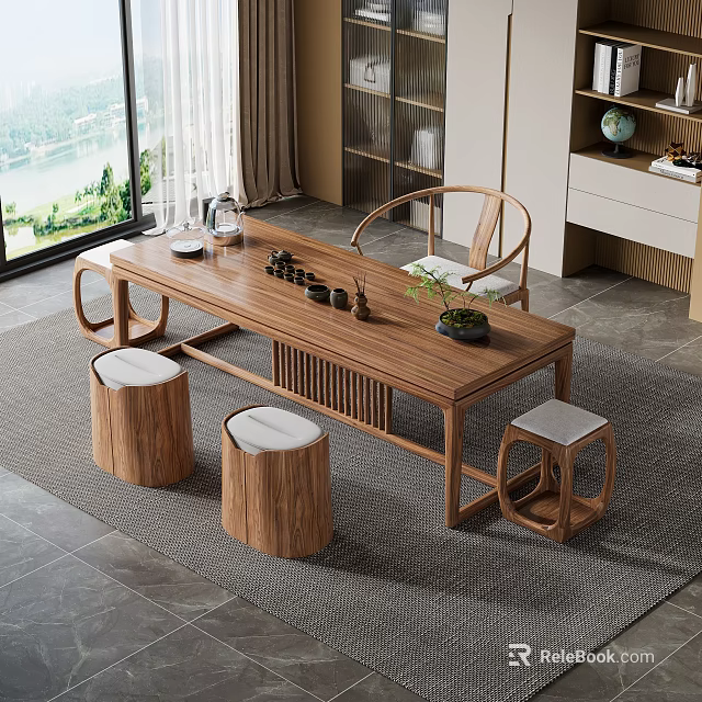 Modern Elegant Wooden Tea Table and Chairs with Stools Tea Set Green Plants Window View 3d model