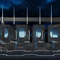 Modern Futuristic Public Restroom With Black Metal Partitions And Blue Lighting