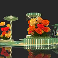 Floral Art Installation With Green Base Central Column Orange Red Flowers Deer And Lamp Decor