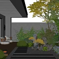 Modern Garden Courtyard Design Featuring Covered Patio Stone Pathway Green Plants And Trees