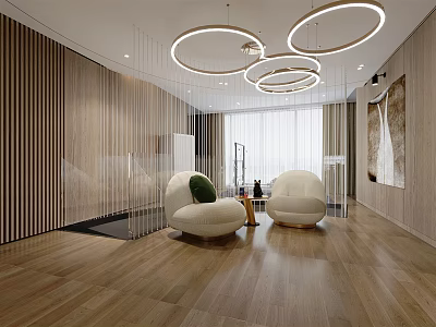 Modern Lounge Area Featuring Wooden Walls White Curved Sofas Circular Pendant Lights And Wooden Flooring 3d model