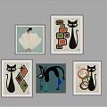Five Black Cat Art Prints With Abstract Shapes On White Wall Decor 3d model