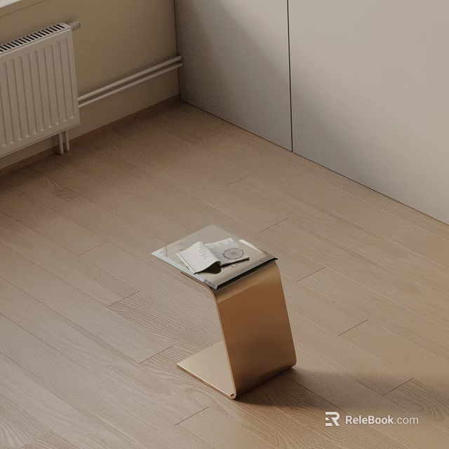 Modern Minimalist Side Table With Glass Top And Golden Metal Stand On Wooden Floor 3d model 