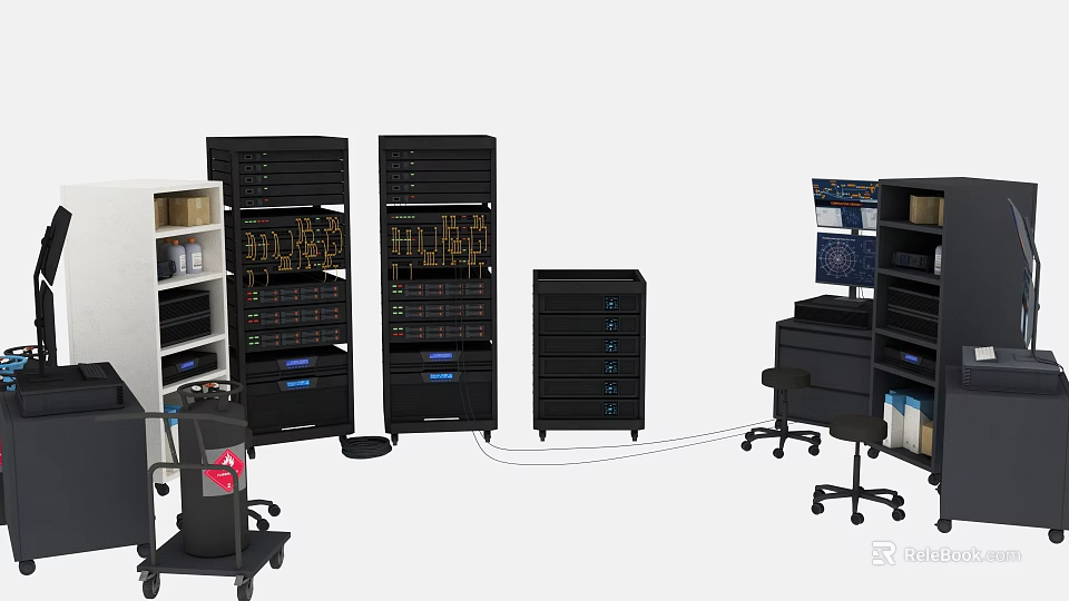 Professional Computer Server Room Setup With Racks Drawers Monitor And Office Chair 3d model 
