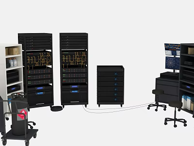 Professional Computer Server Room Setup With Racks Drawers Monitor And Office Chair 3d model