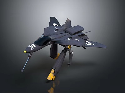 Black Fighter Aircraft with Pirate Skull Crossbones Symbols and Yellow Accents in Futuristic Design 3d model