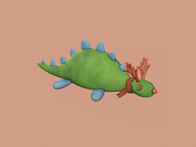 Green Dinosaur Plush Toy With Blue Spikes Red Antlers And Red Nose 3d model