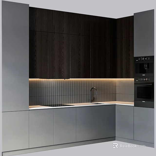 Modern Kitchen With Dark Wooden And Gray Cabinets Striped Tile Backsplash Light Countertop Built-in Oven 3d model 