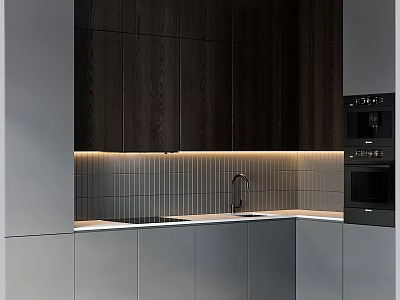 Modern Kitchen With Dark Wooden And Gray Cabinets Striped Tile Backsplash Light Countertop Built-in Oven 3d model