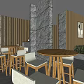 Tranquil SPA Sauna Interior With Stone Walls Wooden Partitions Round Tables And White Chairs