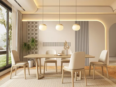 Modern Restaurant Interior With Dining Table Chairs Pendant Lights Large Windows And Potted Plants 3d model