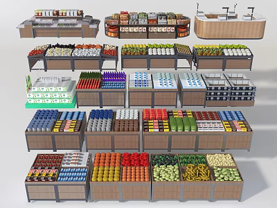 Supermarket Grocery Store Shelves Display Various Fruits Vegetables Beverages And Snacks 3d model