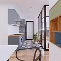 Modern Dining and Living Room Interior With Blue Cabinets Wooden Countertop And Patterned Floor Tiles