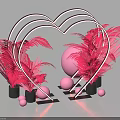Stylish Decorative Arrangement With Metal Heart Shaped Frames Red Ferns Pink Spheres And Black Pots