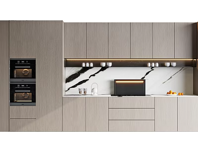 Modern Light Wood Kitchen Cabinets With Marble Countertop And Built-in Oven 3d model