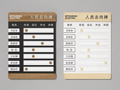 Wall Mounted Staff Whereabouts Boards With Wooden Frames And Work Status Indicators 3d model