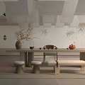 Minimalist Zen Tea Room Interior With Long Table Stools And Bamboo Decor