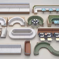 Various Modern Public Seating Featuring Curved Long And Semicircular Designs With Tables 3d model