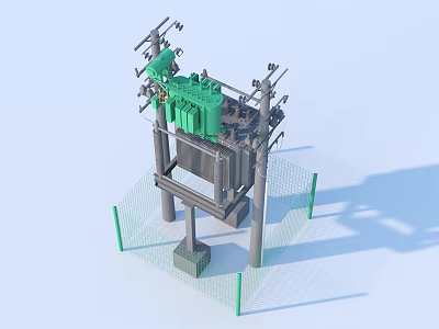 Industrial Electrical Equipment With Metal Frame Green Components Utility Poles And Fence Enclosure 3d model