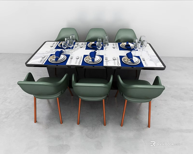 Modern Dining Table Set With Green Chairs Brown Legs And Blue Placemats Tableware 3d model