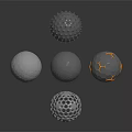 Different Textured Spheres With Holes Bumps Hexagonal Patterns And Orange Accents On Gray Background